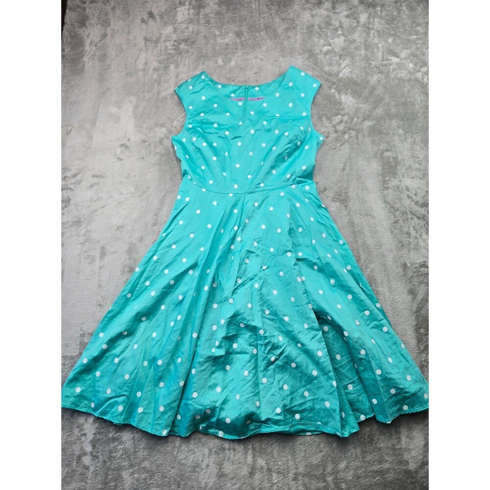 Joules Dress Womens US 4 Teal Aqua White Polka Dot Fit & Flare Lined Cotton